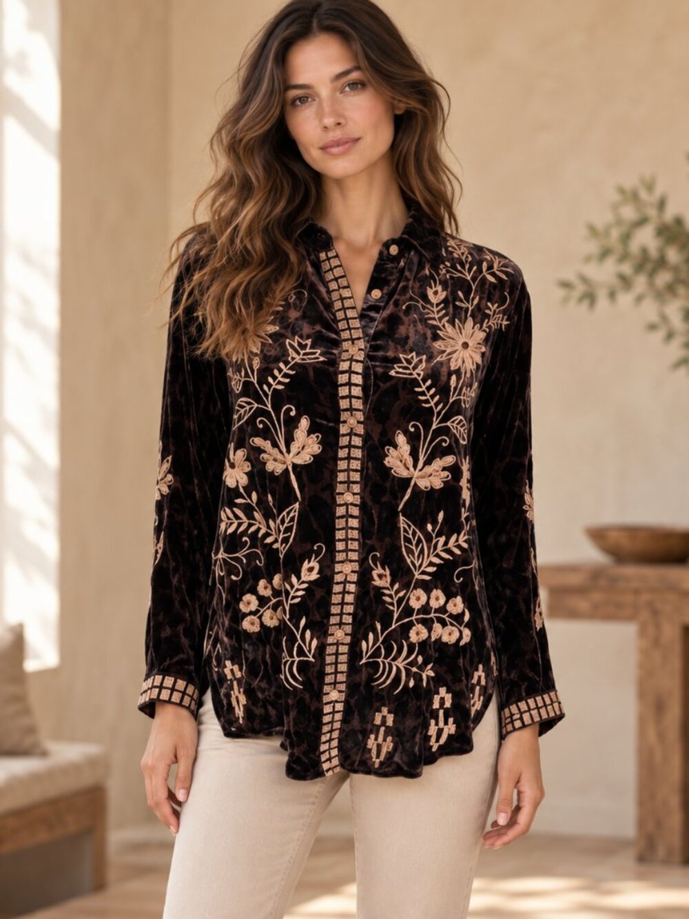 Johnny Was Georgina Velvet Blouse Womens Floral Embroidered Silk Blend Boho